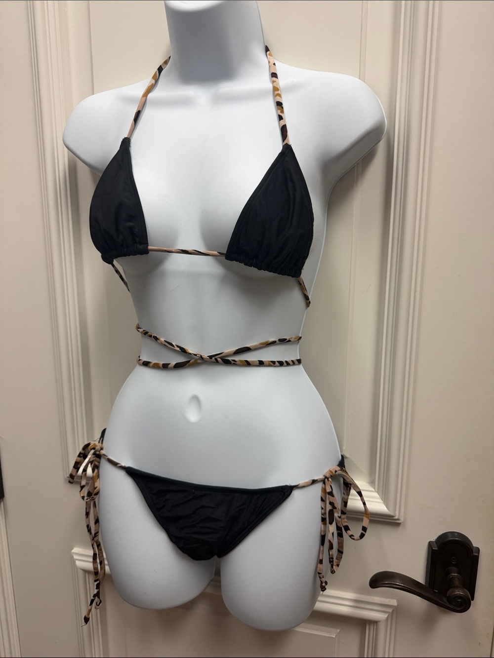 Mara Hoffman black classic tie string bikini leopard cheetah print swim suit